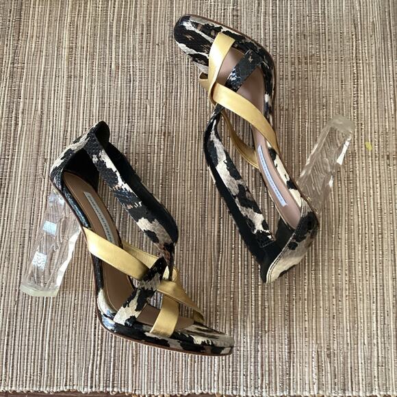 DIANE VON FURSTENBERG Ibiza Sandals Heels Shoes Gold Lucite Strappy Heel Sz 6 - Picture 6 of 8